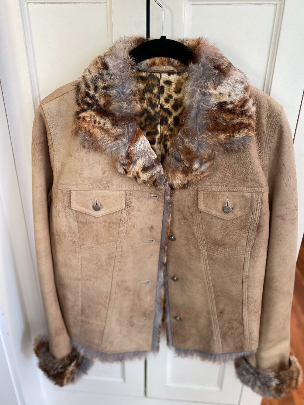 Y2K Genuine Leather Suede Jacket Medium Leopard Faux Fur Trim Made in Turkey